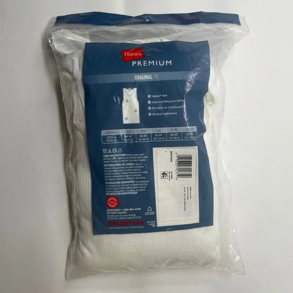 Hanes Premium Men 6 Pack White Tagless Tank Tops Original Fit Ring Spun Cotton L